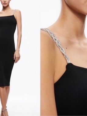 Camila Coelho Black Midi Dress with Braided Rhinestone Straps